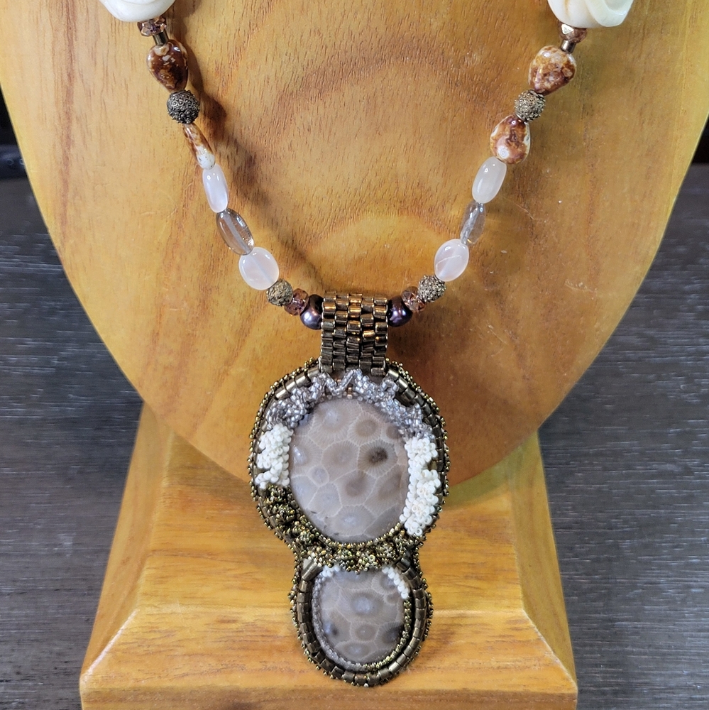 Fossil Coral Bead Embroidered Necklace Handmade Moonstone Beads Goldstone Clasp